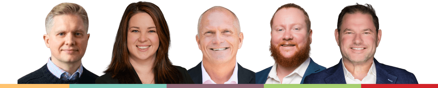 Five smiling professionals with diverse appearances, including men and women, against a white background.