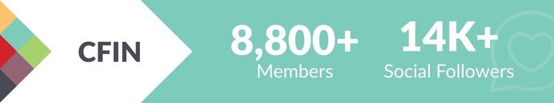CFIN has 8,800+ members and 14K+ social followers, displayed on a turquoise banner.