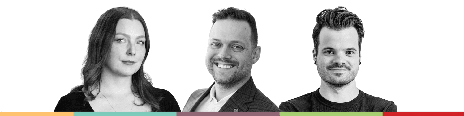 Three smiling professionals, one woman and two men, in black and white headshots.