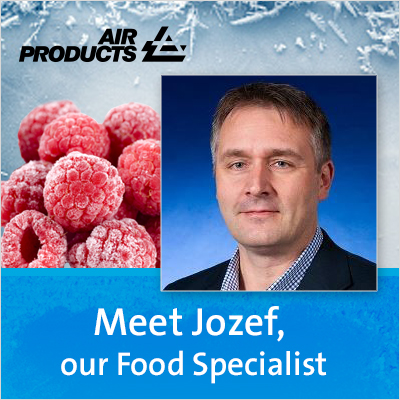 Air Products logo, frozen raspberries, and a man named Jozef, their Food Specialist.