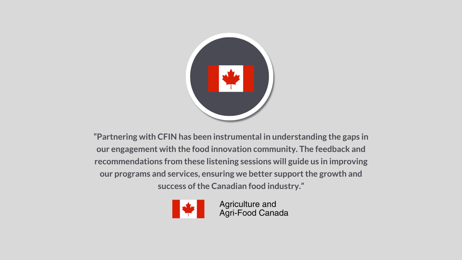 Canadian flag icon above a quote from Agriculture and Agri-Food Canada about food innovation.