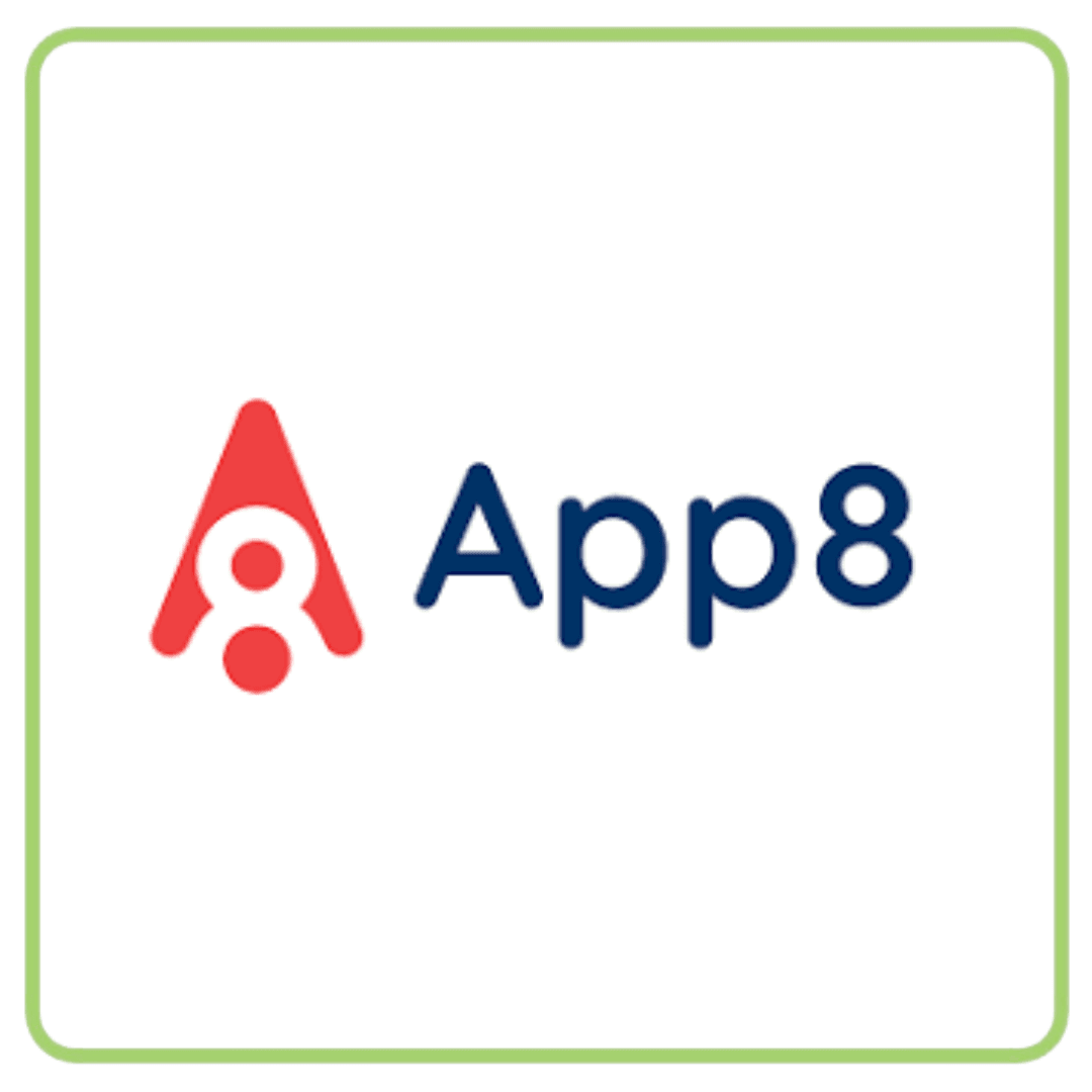 Logo for App8 featuring a red stylized 'A' with the number 8 inside.