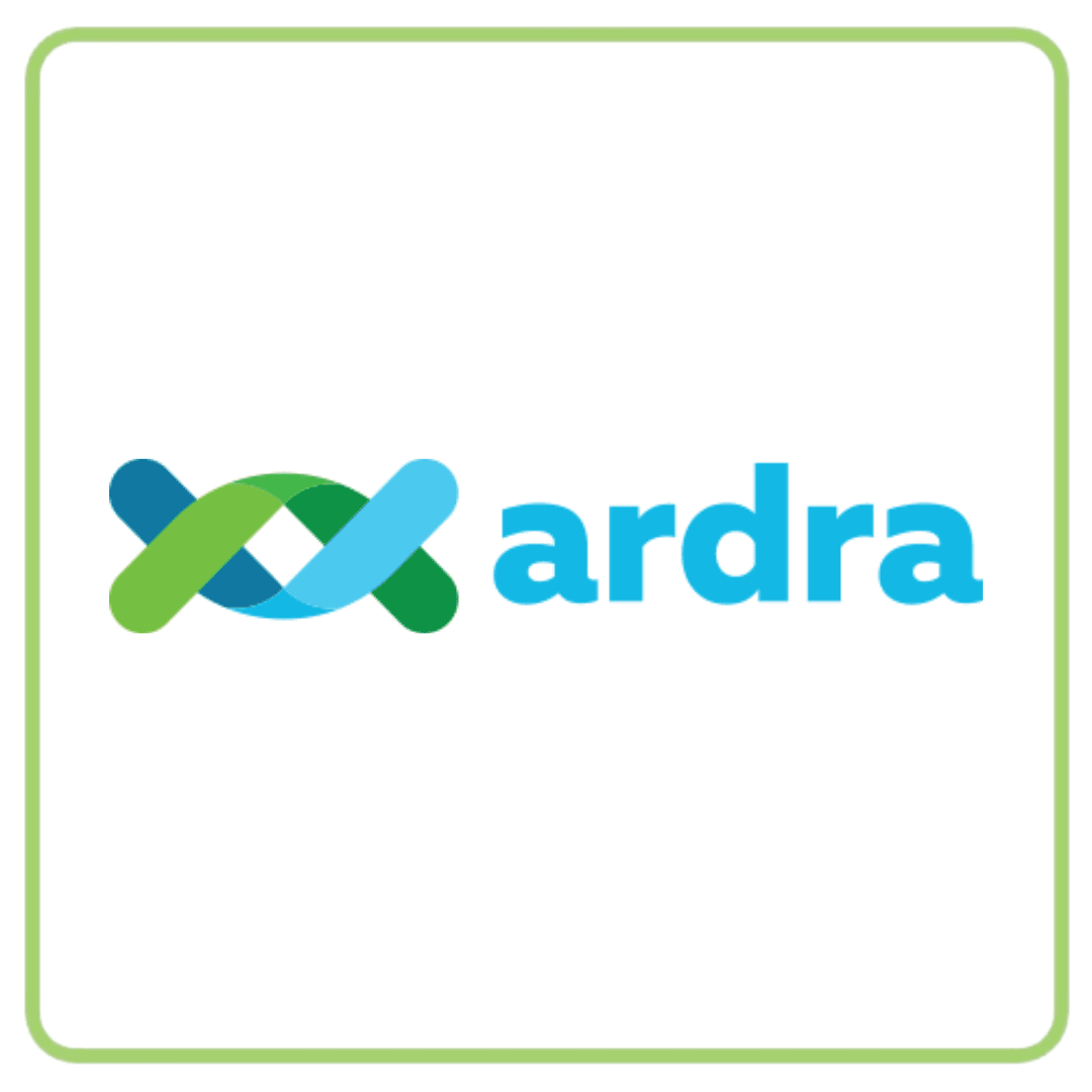 Ardra logo featuring intertwined green and blue abstract shapes with blue text 'ardra'.