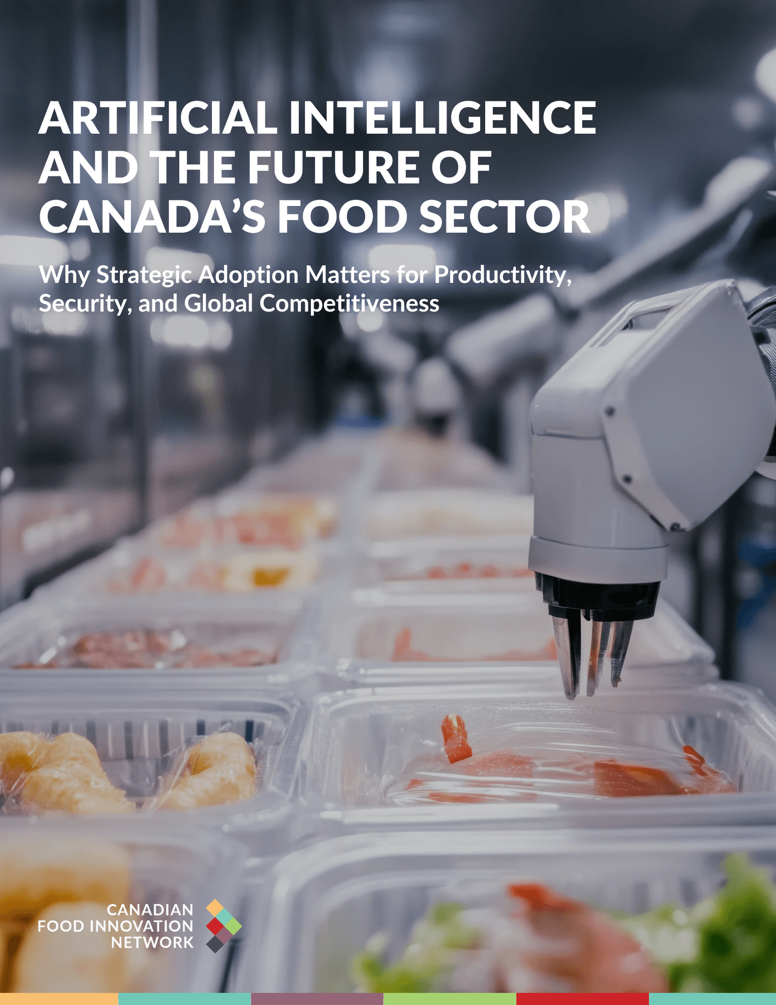 Report cover: Artificial Intelligence and Canada's Food Sector, featuring a robotic arm.
