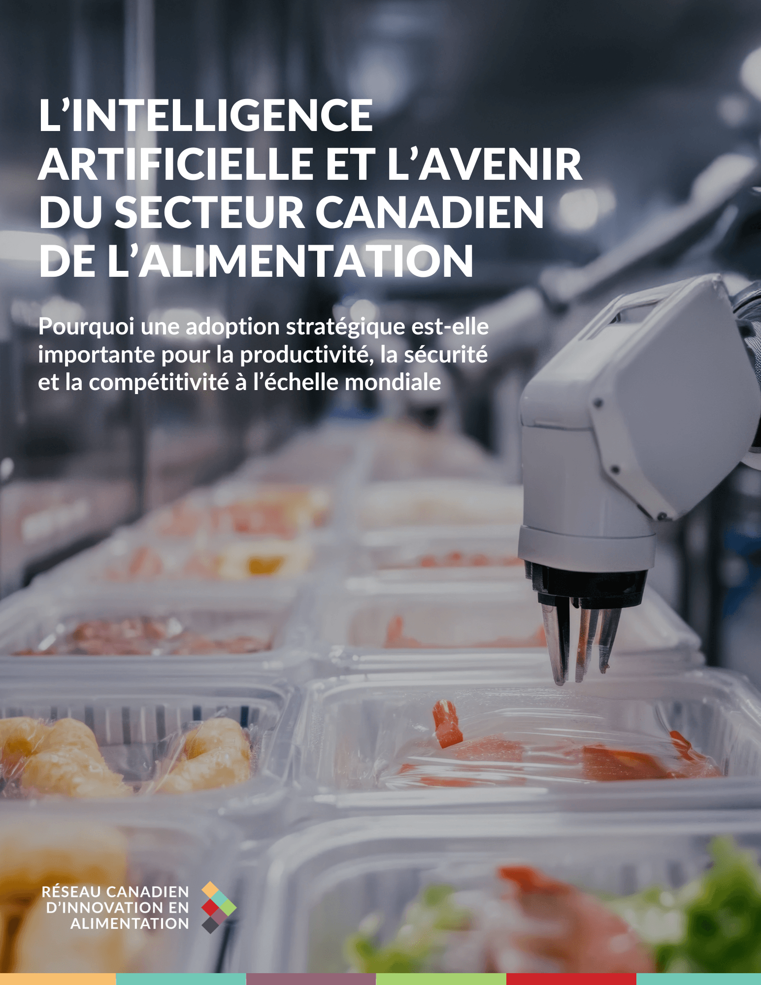Robotic arm packaging food in a factory, illustrating a report on AI in Canadian food sector.