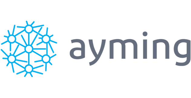 Blue network design logo with the grey text 'ayming' beside it.