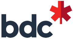bdc logo with dark blue text and a red Star of Life symbol.