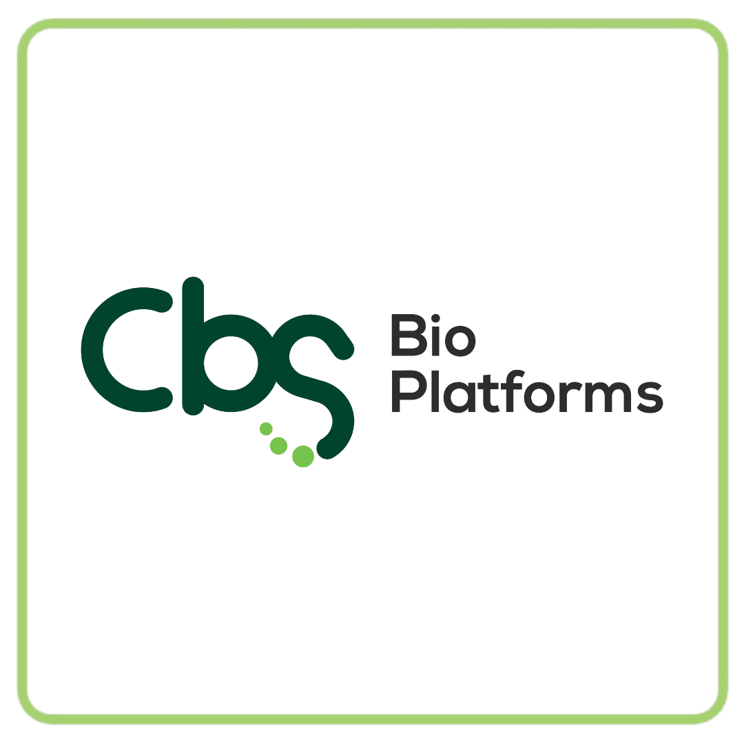 Logo for cbs Bio Platforms featuring green text and three connected dots.