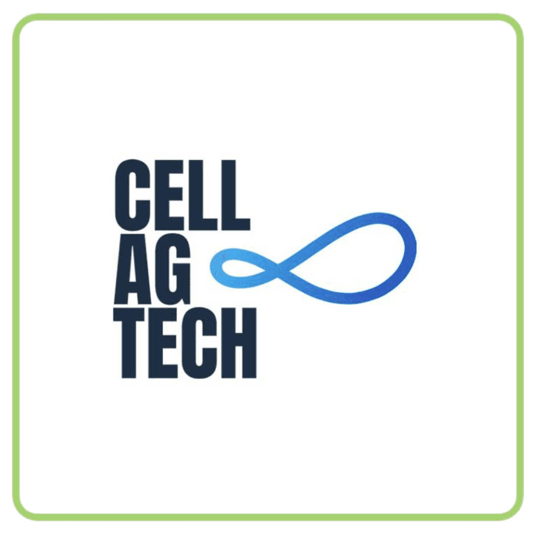Cell Ag Tech logo with dark blue text and a blue infinity symbol.