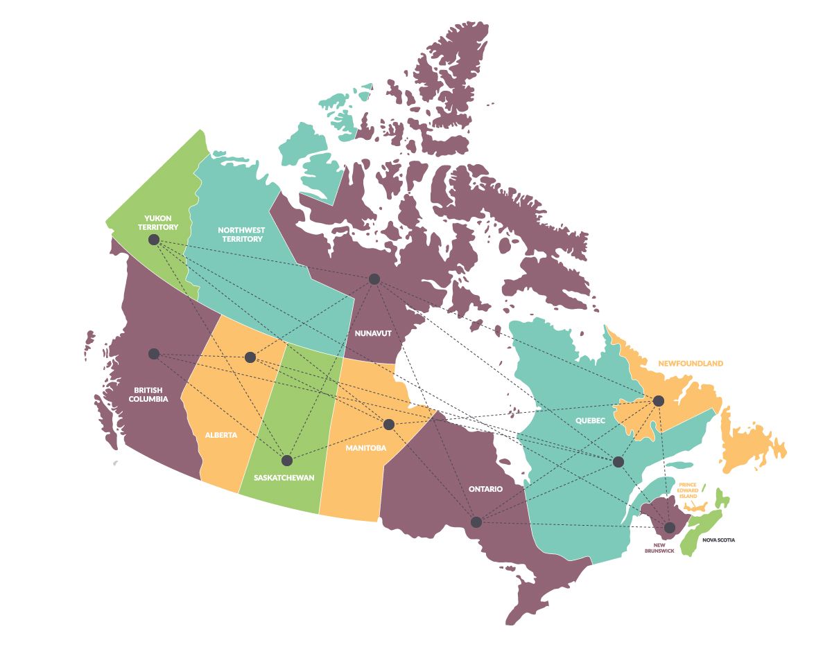 Colorful map of Canada showing provinces, territories, and connecting lines across the country.