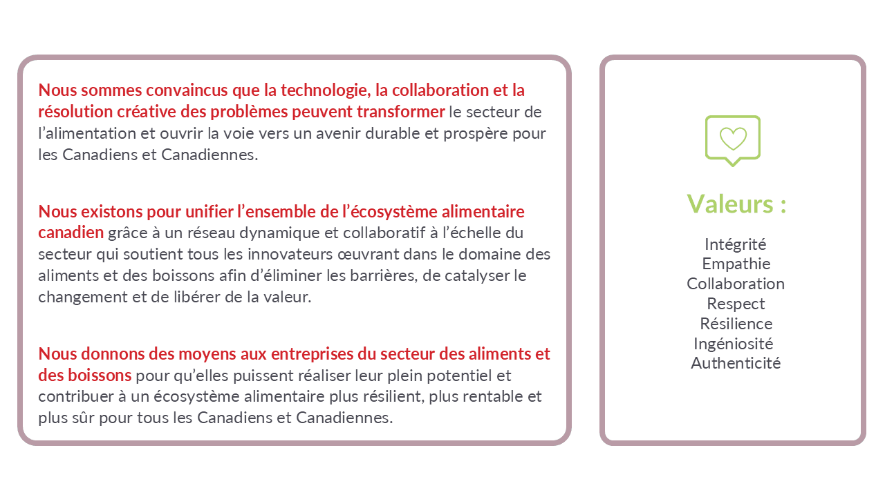 French text outlining a company's mission statement and core values with a heart icon.