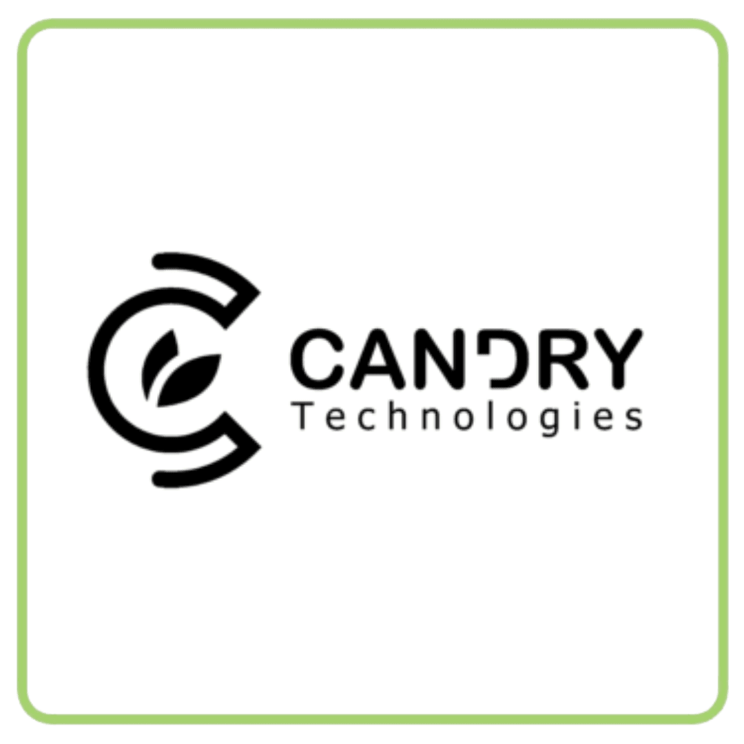 Black and white CANDRY Technologies logo featuring a stylized C with a leaf inside.