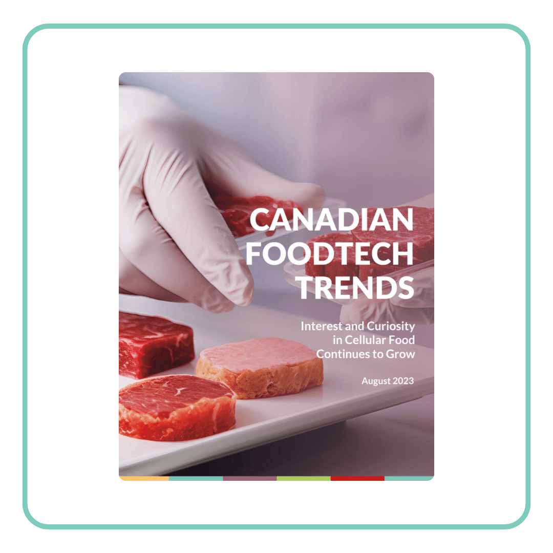 Cover of the 'Canadian Foodtech Trends' report showing a gloved hand and meat samples.