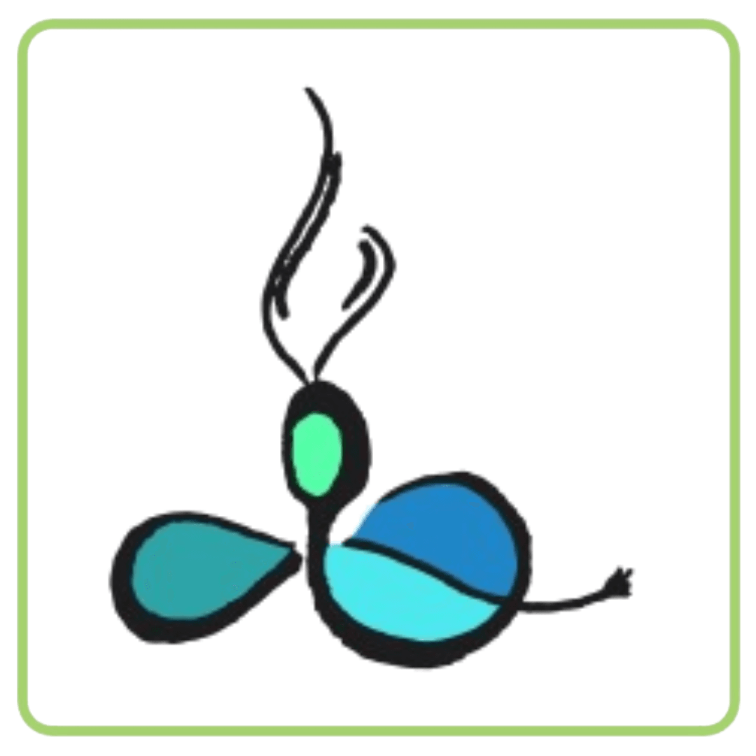 Abstract stylized insect-like creature with a blue, teal, and green body and black antennae.