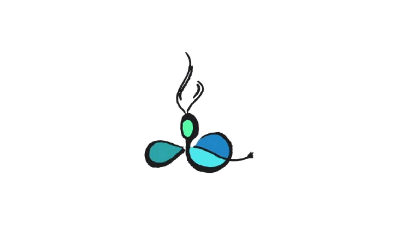 Abstract logo with teal and blue organic shapes and a wispy top element.