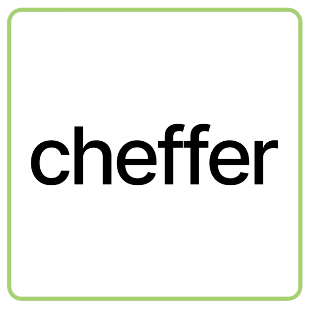 Black 'cheffer' text on a white background within a green bordered square.
