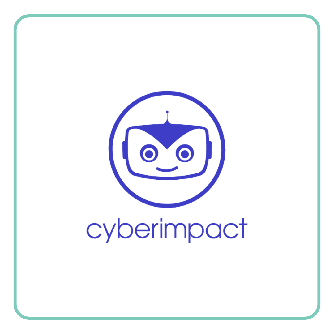 Blue robot head icon with 'cyberimpact' text, representing a tech brand logo.
