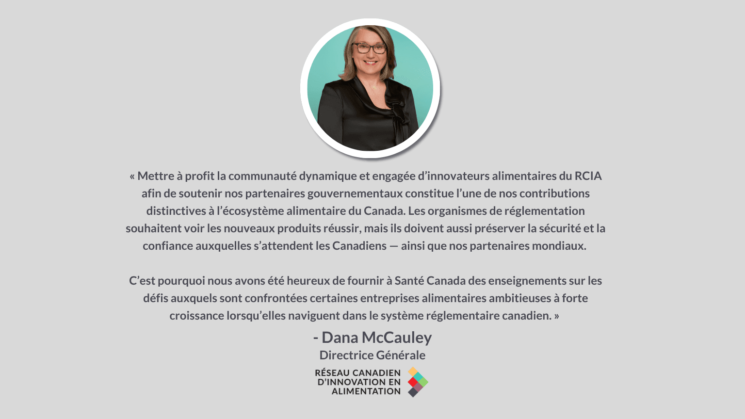 Headshot of Dana McCauley with a French quote about food innovation and regulation.