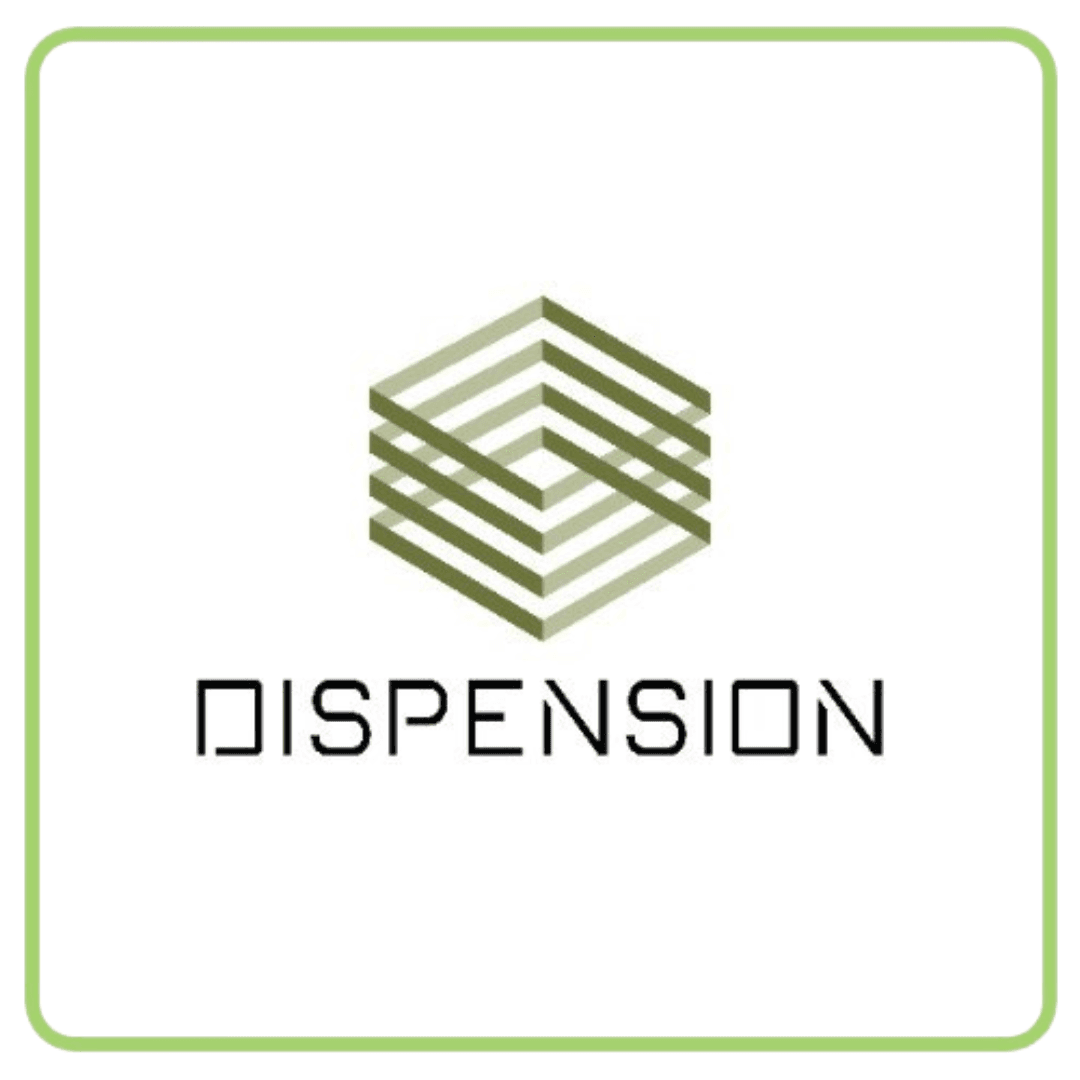Dispension logo featuring a stacked geometric design in green above the company name.