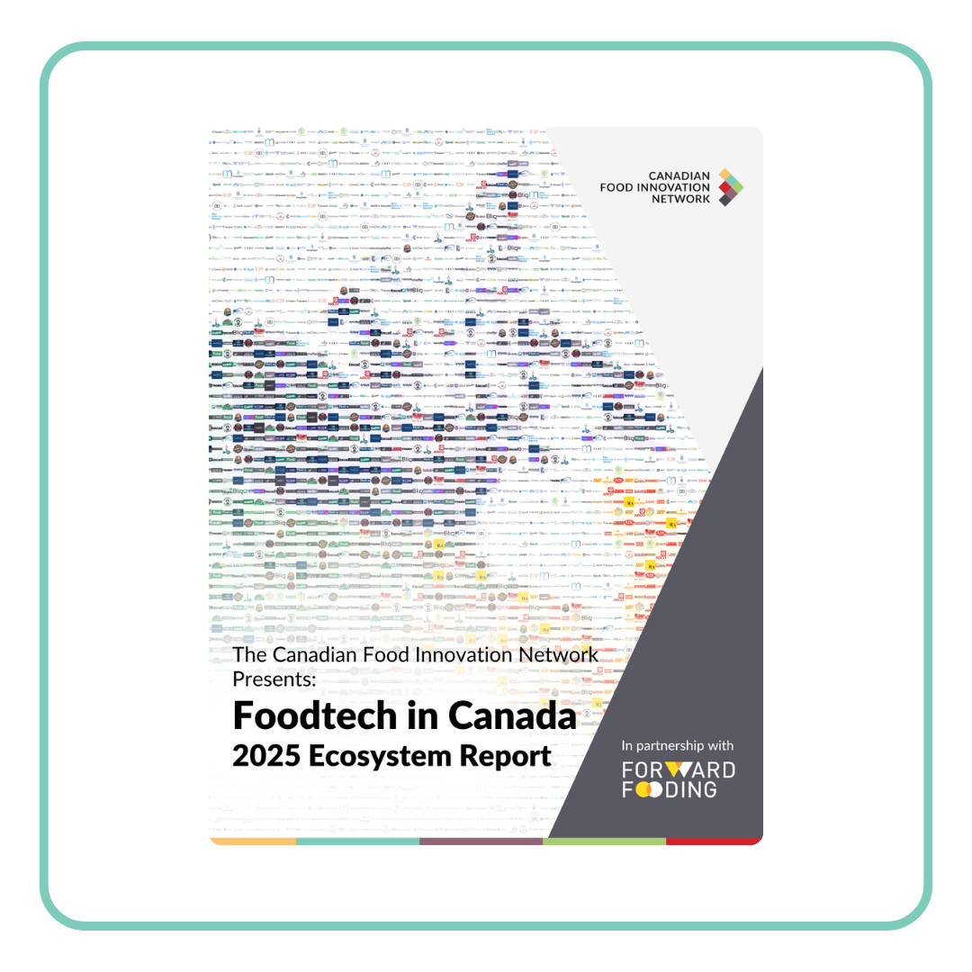 Cover of the 'Foodtech in Canada 2025 Ecosystem Report' with a colorful pixelated design.