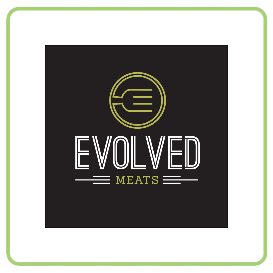 Evolved Meats logo featuring a stylized fork icon above the brand name on a black background.