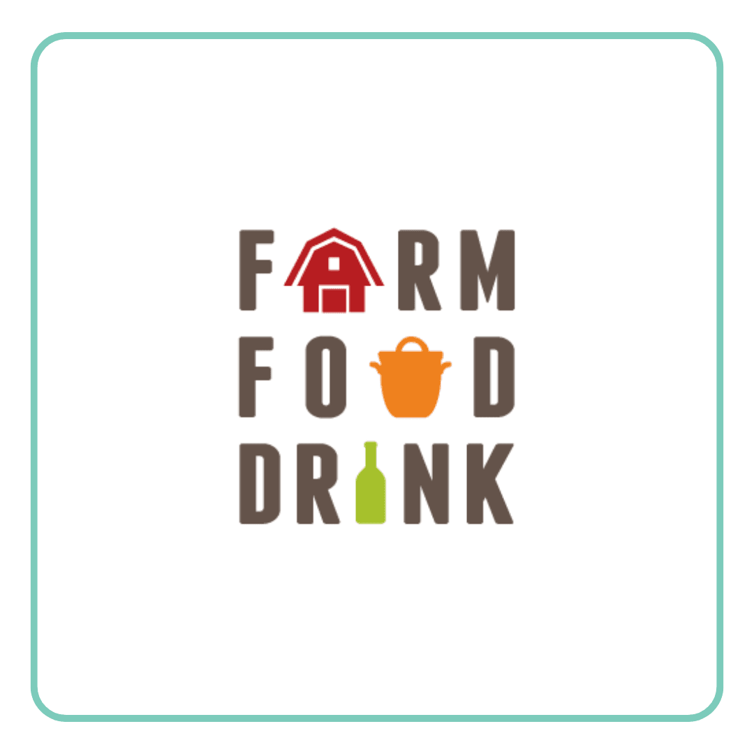 Logo for FARM FOOD DRINK featuring a barn, cooking pot, and bottle icons.