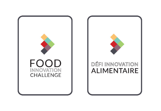 Logos for Food Innovation Challenge in English and French, featuring a colorful square arrow symbol.
