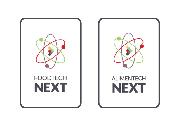 Two logos with atom symbols, one for 'FOODTECH NEXT' and another for 'ALIMENTECH NEXT'.