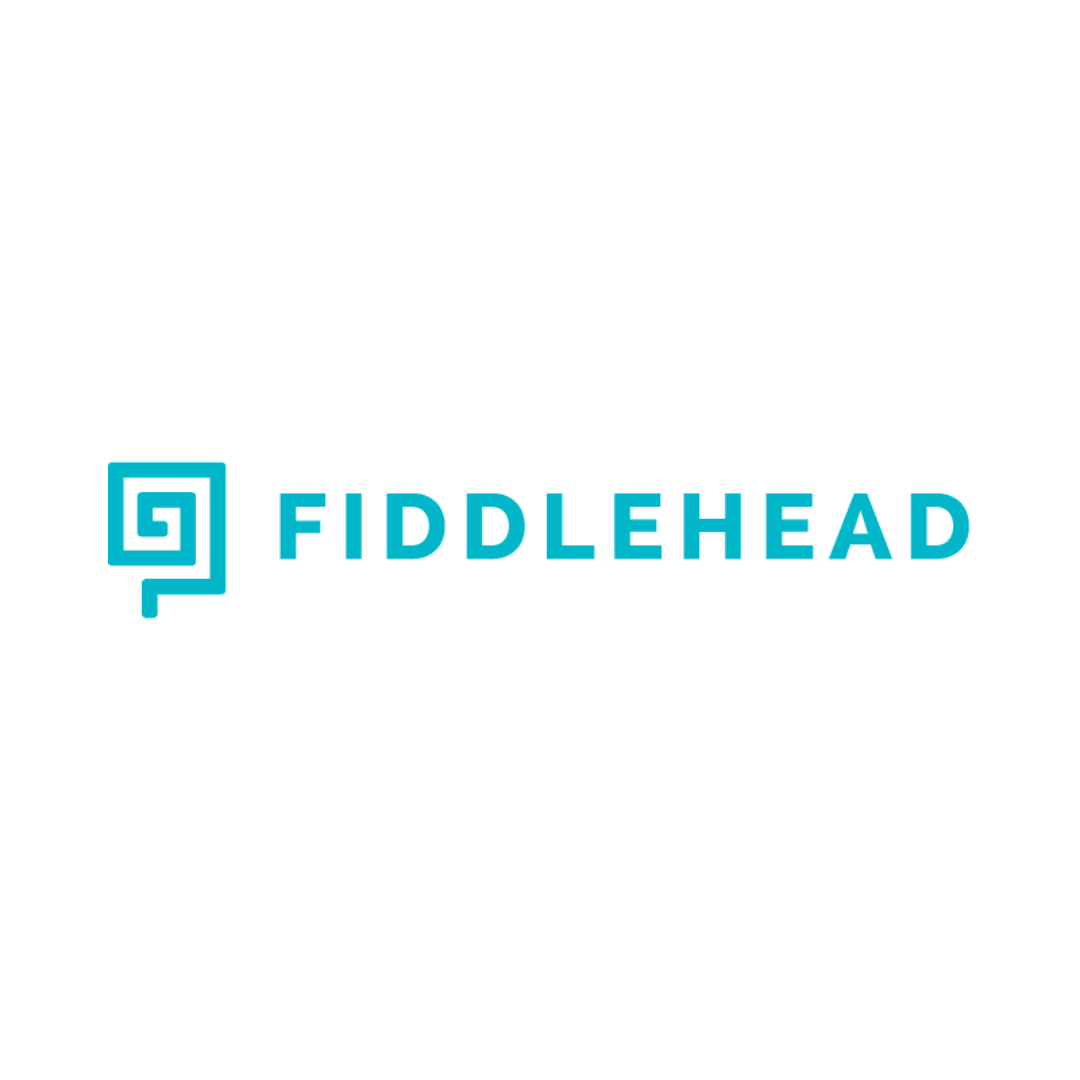 Fiddlehead logo featuring its name in teal next to a stylized spiral icon.