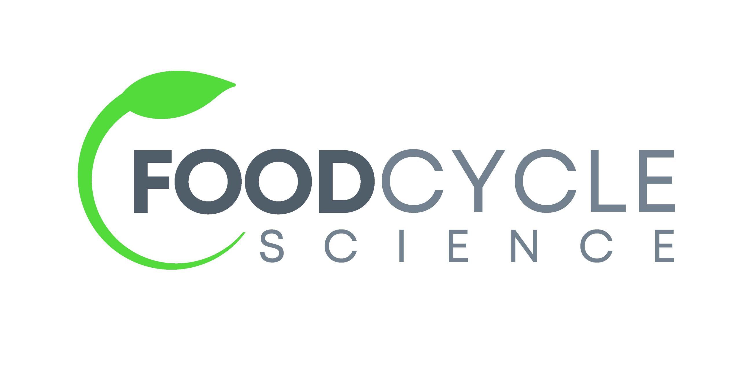 Foodcycle Science logo with green leaf partially encircling gray text.