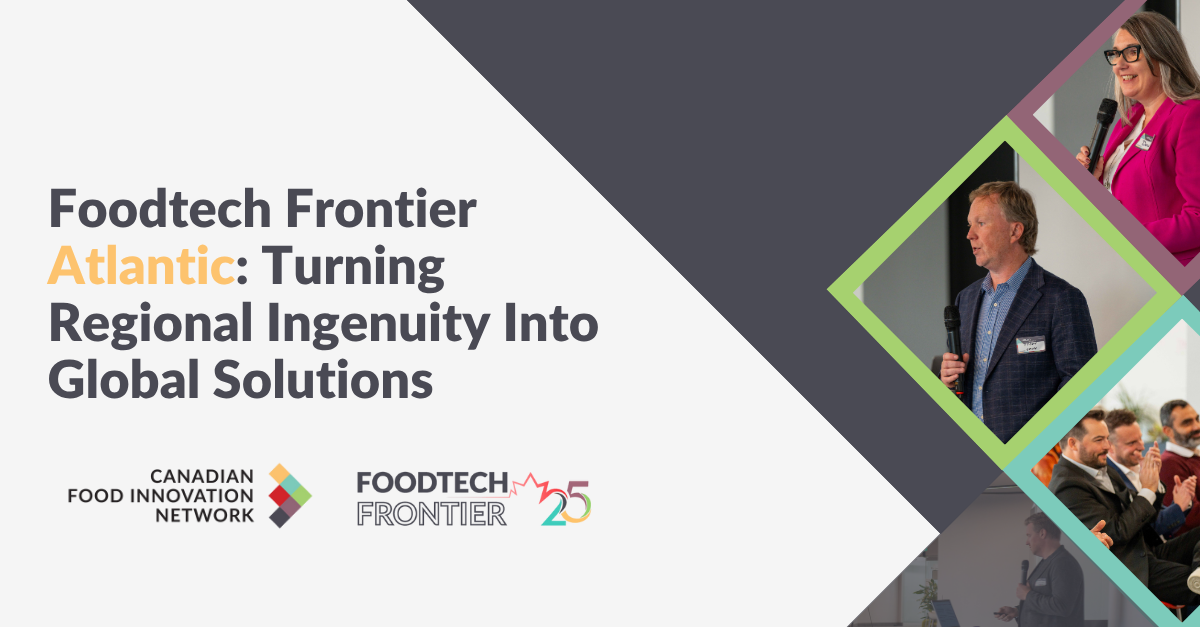 Foodtech Frontier Atlantic event title with logos and attendees at a conference.