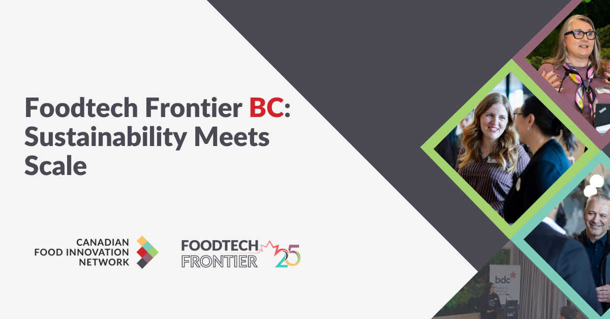 Foodtech Frontier BC: Sustainability Meets Scale presentation slide with logos and diverse attendees.
