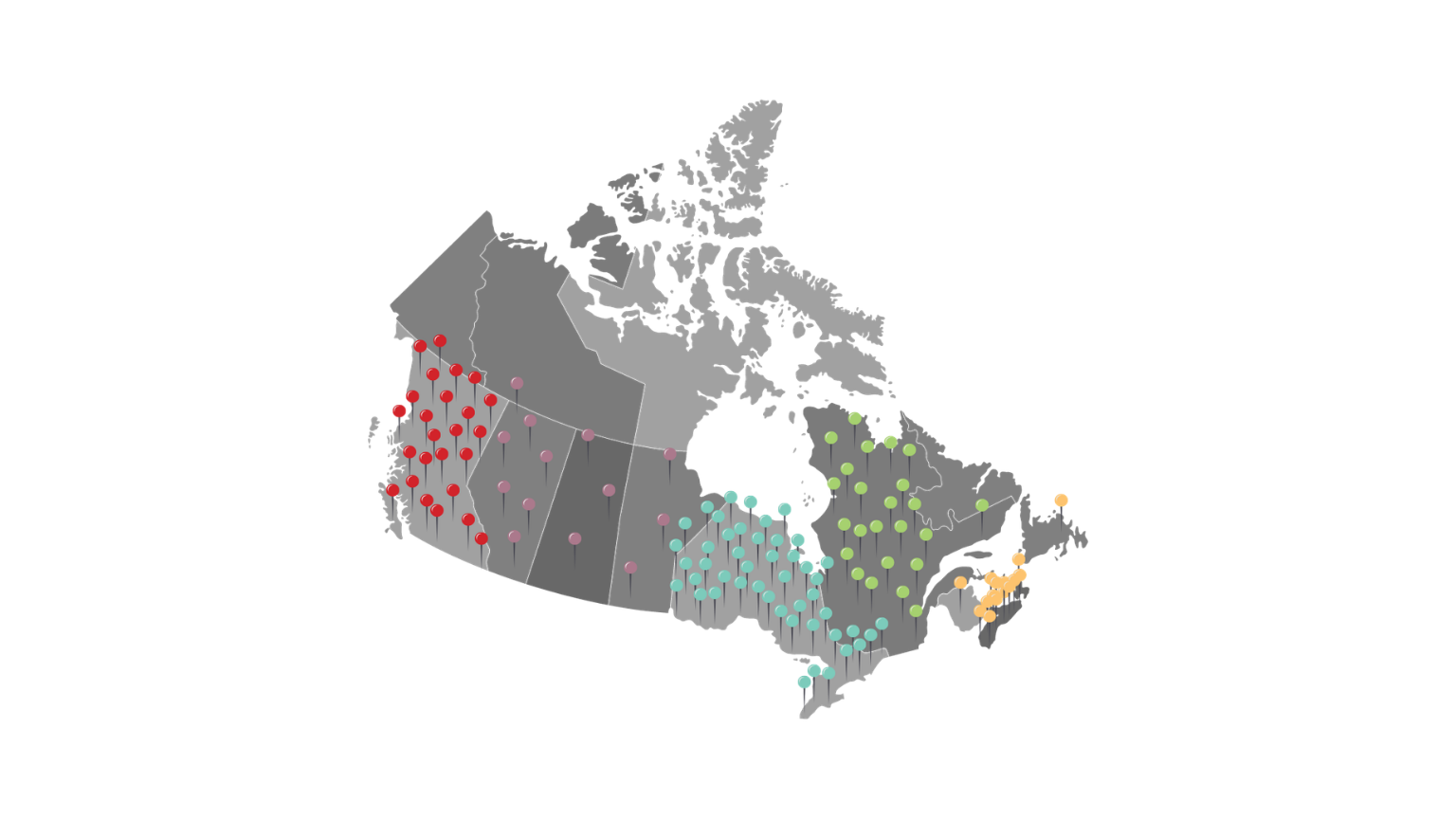 Map of Canada displaying geographic distribution of data points across provinces using colored dots.