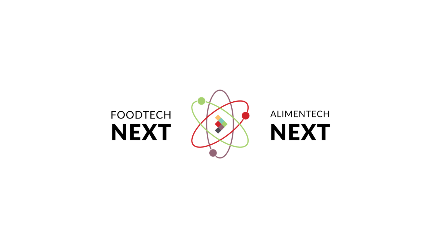 Logos for Foodtech Next and Alimentech Next separated by a colorful atom icon.