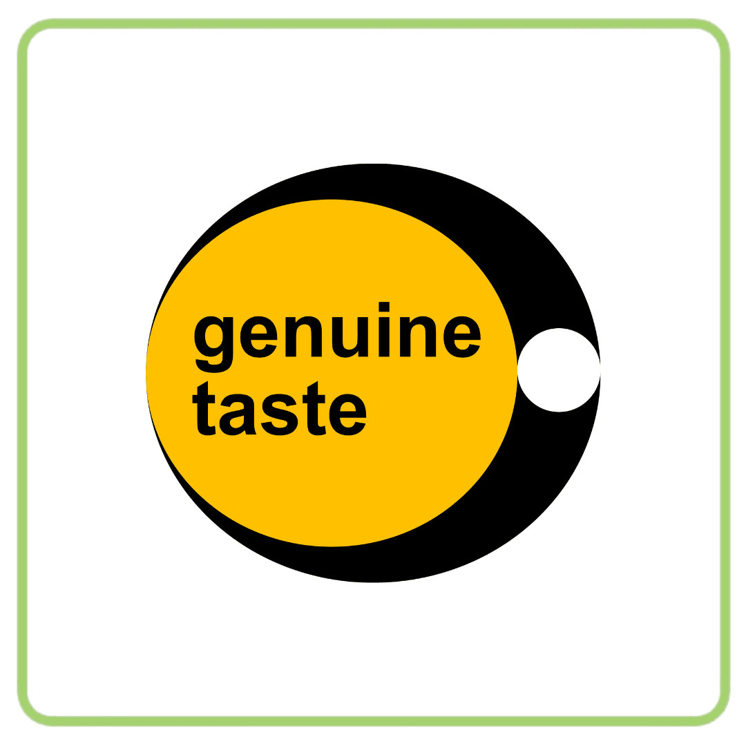 Logo for 'genuine taste' featuring a yellow circle within a black crescent shape.