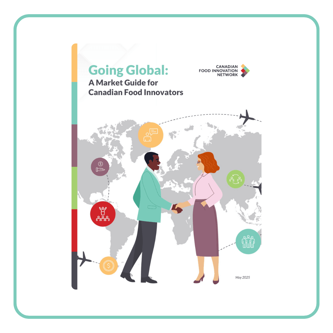 Cover of 'Going Global: A Market Guide for Canadian Food Exporters' with people shaking hands.