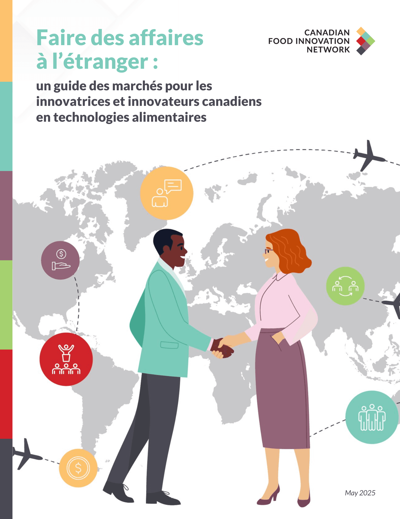 Guide cover: two people shaking hands on a world map, representing international food tech business.