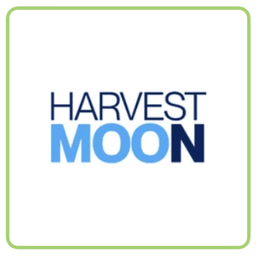 Harvest Moon logo with dark and light blue text on a white background.
