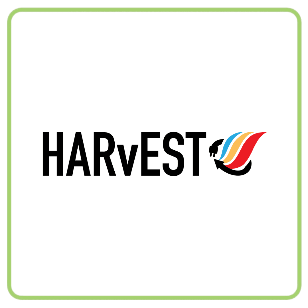 Black text spelling HARVEST next to a colorful, stylized leaf or flame logo.
