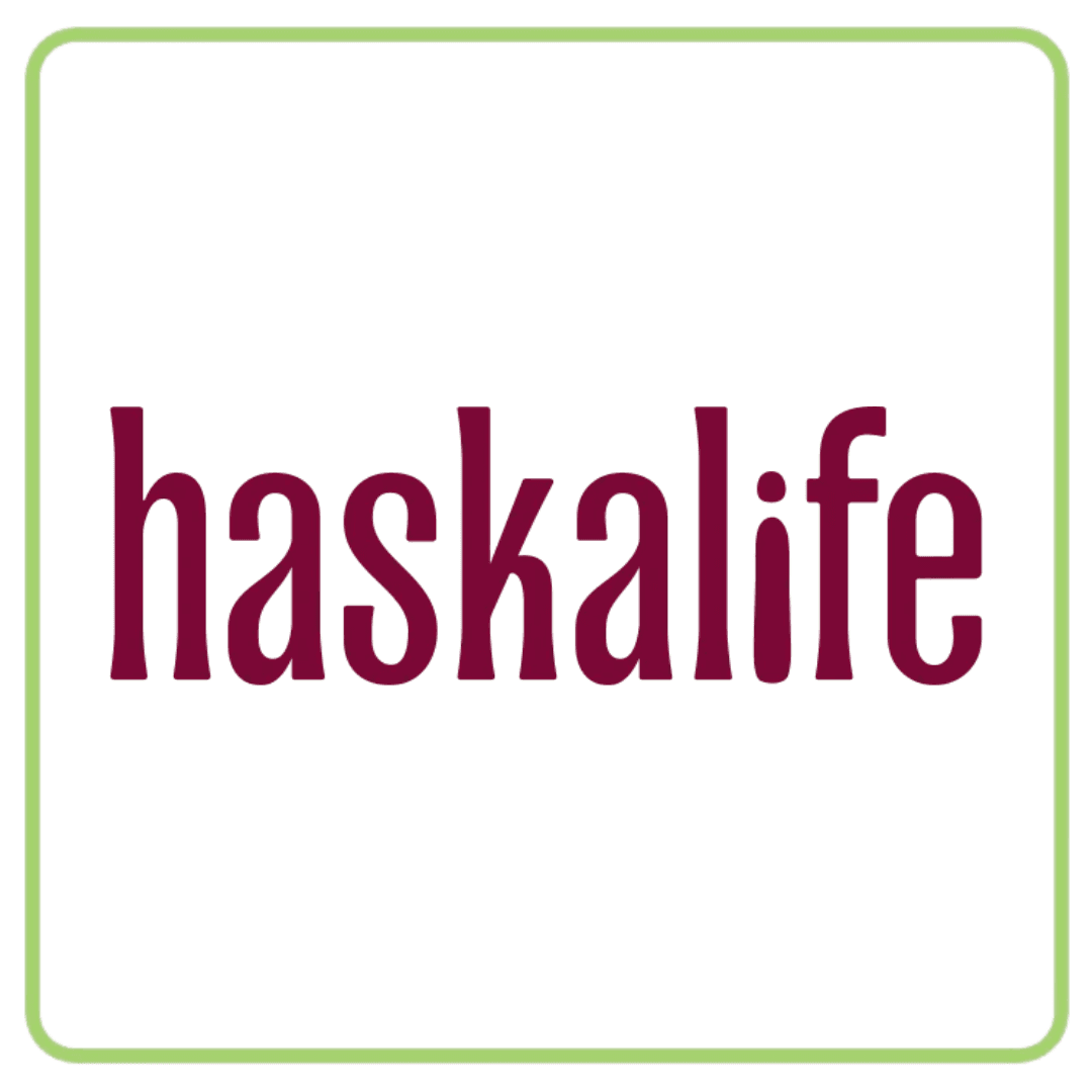 Logo with the word 'haskalife' in dark red text on a white background.