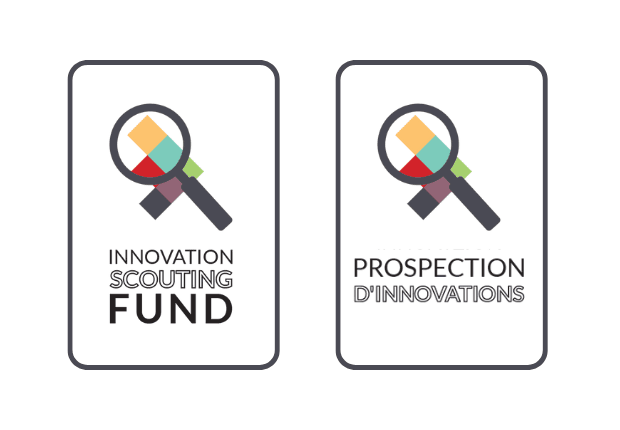 Two logos, one English and one French, for innovation funds, featuring a magnifying glass icon.