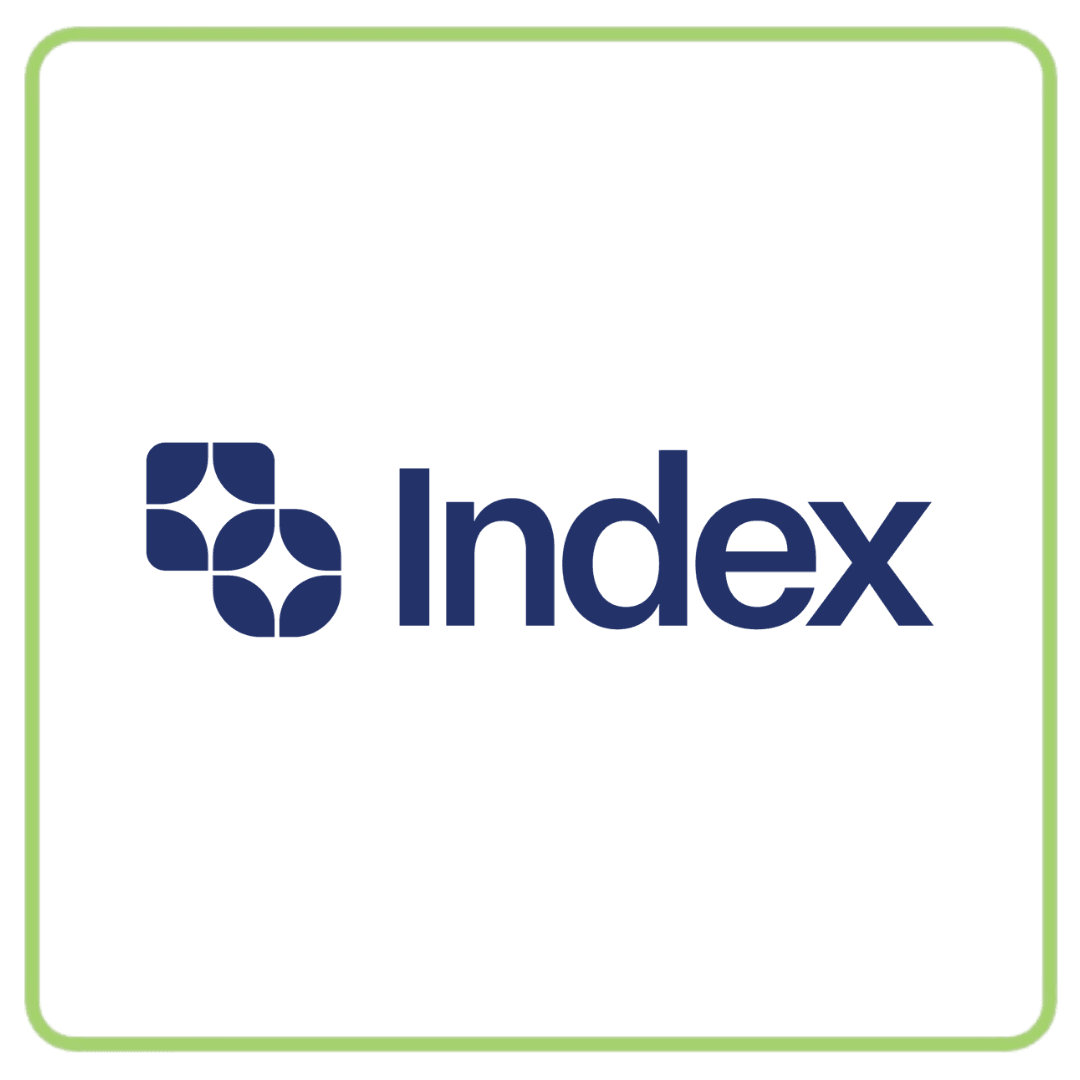 Blue 'Index' logo with a geometric icon featuring two pairs of interlocking squares.