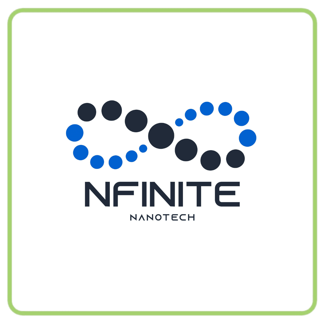 Nfinite Nanotech logo featuring an infinity symbol made of blue and dark grey dots.