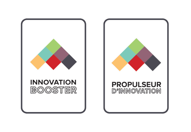 Two logos with colorful pixelated triangles and text 'INNOVATION BOOSTER' and 'PROPULSEUR D'INNOVATION'.