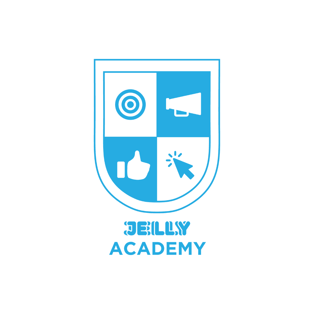 Blue shield logo for Jelly Academy featuring target, megaphone, thumbs-up, and click icons.