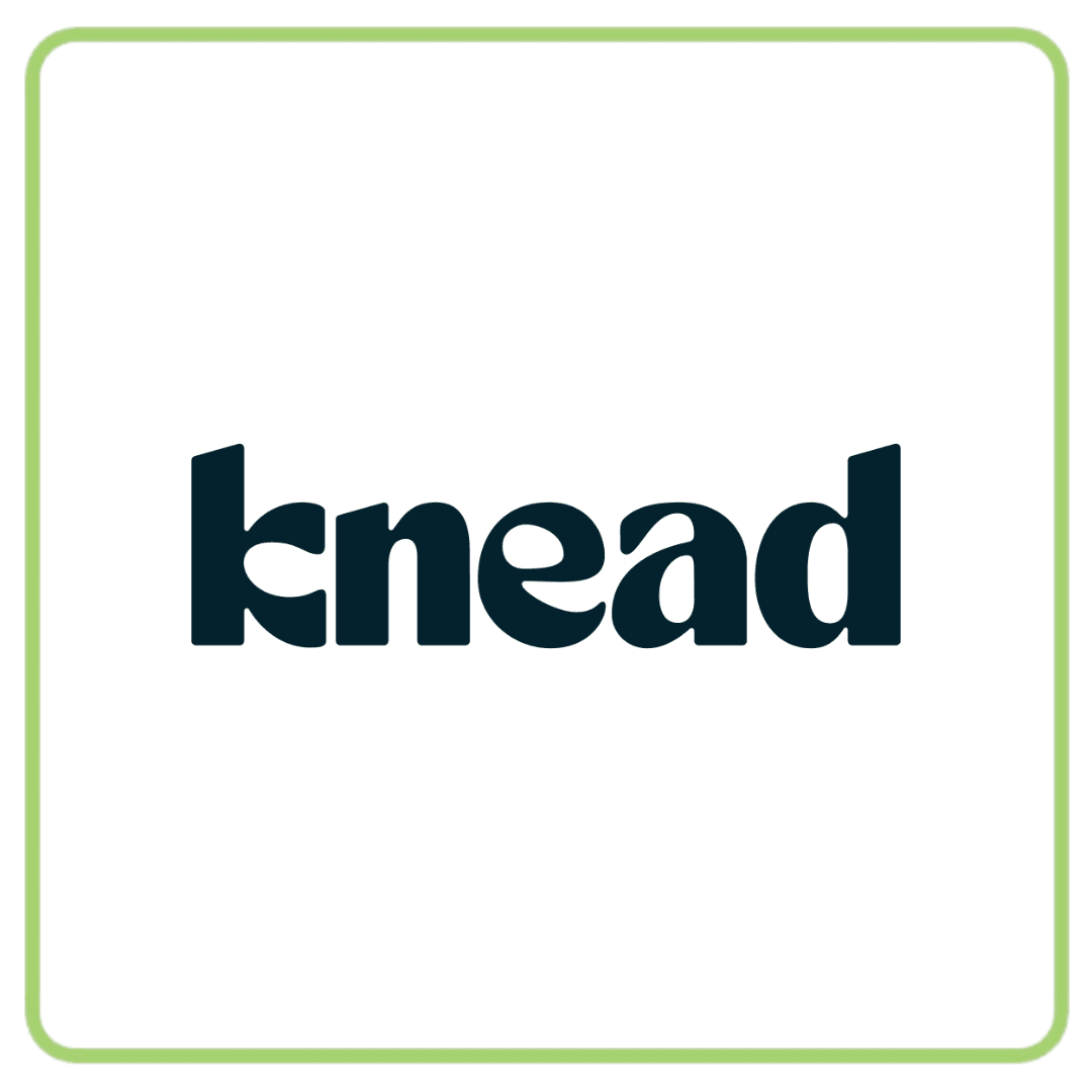 The word 'knead' in dark blue, lowercase letters, framed by a light green border.