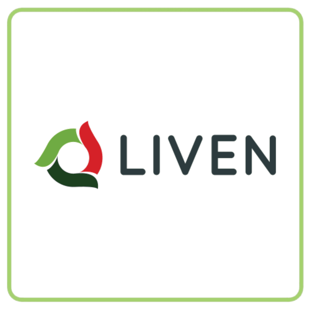 LIVEN logo featuring a green and red abstract circular design next to the company name.