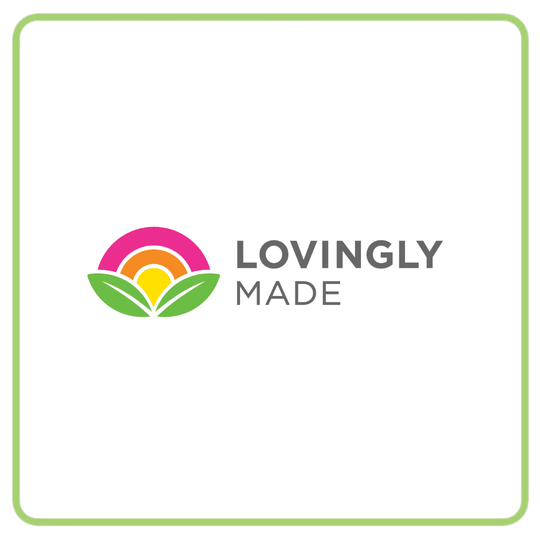 Lovingly Made logo features a colorful sun and leaves, with text 'LOVINGLY MADE'.