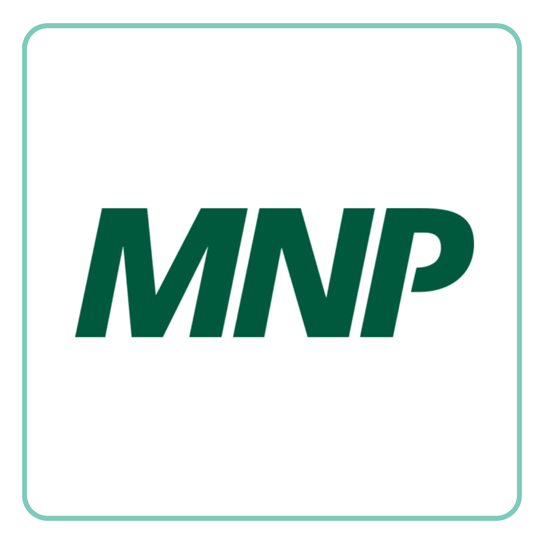 MNP logo in dark green letters on a white background with a teal border.