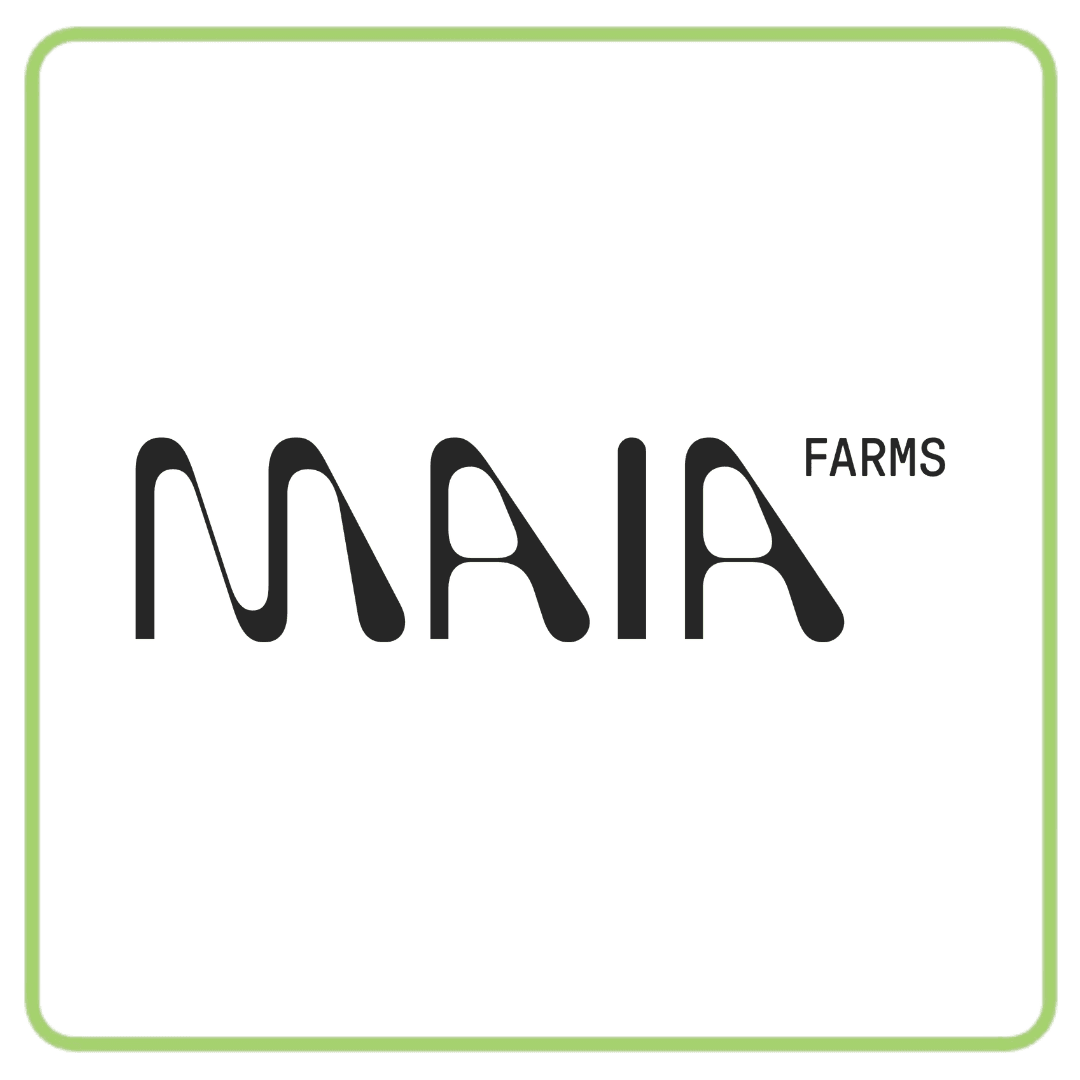 MAIA FARMS logo featuring modern, rounded black letters on a white background.